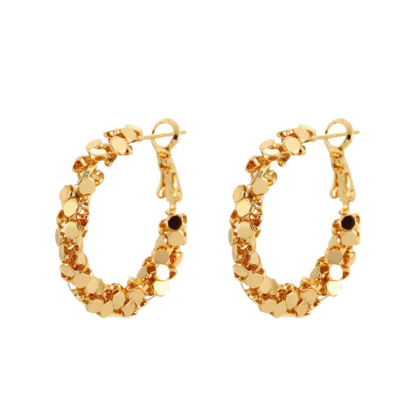 Pair of gold sequined hoop earrings, isolated on white background, emphasizing the segmented, sparkling structure