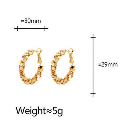 Gold sequined hoop earrings with size (≈30mm × ≈29mm) and weight (≈5g) info, isolated on white background
