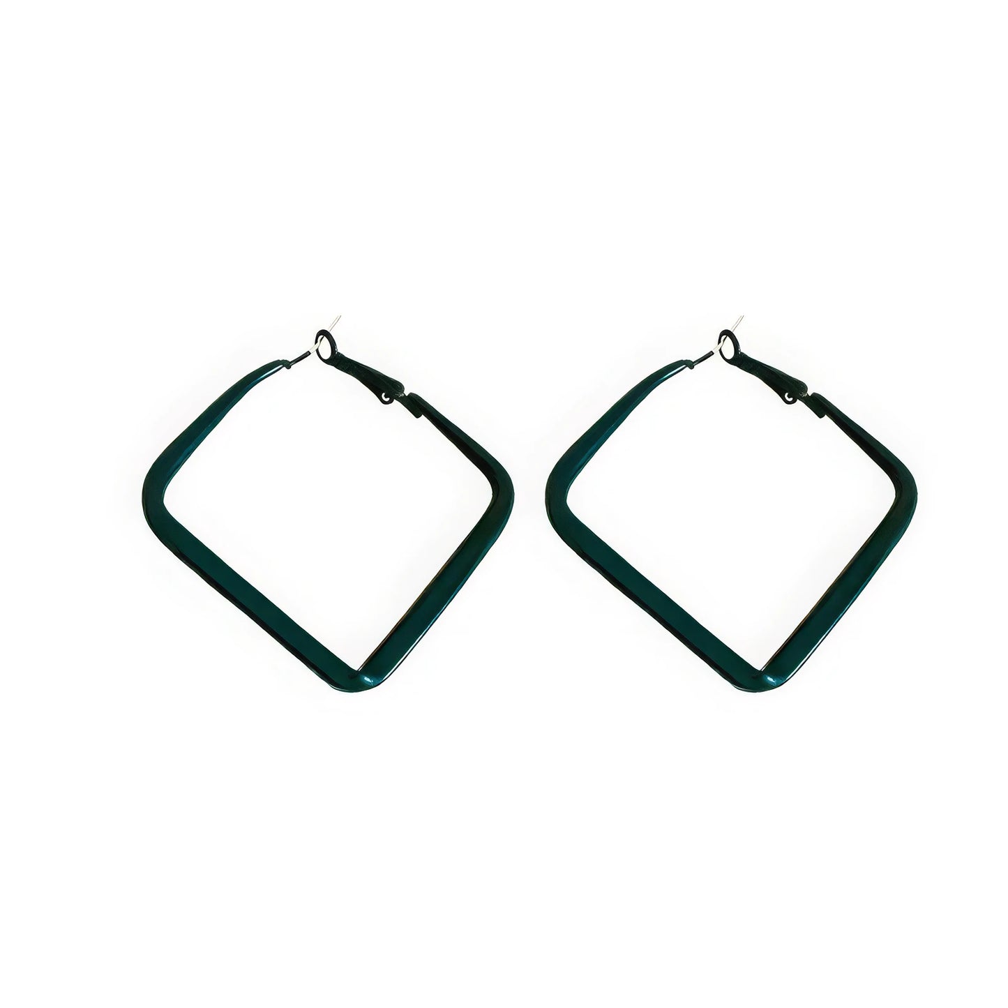 Pair of green silver needle spray - painted square geometric earrings, isolated on white background, emphasizing the vibrant, square design