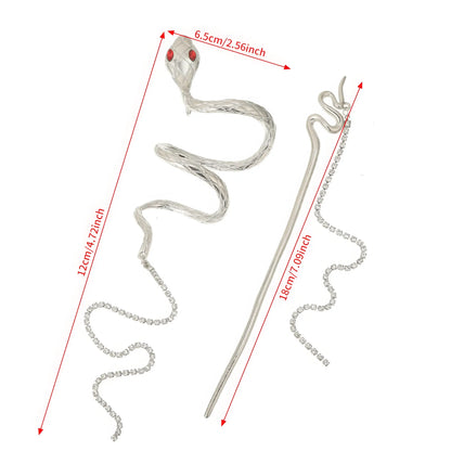 Rhinestone-encrusted coiled snake hairpin with dimension labels, showing the pin length and tassel drop for clear product sizing.