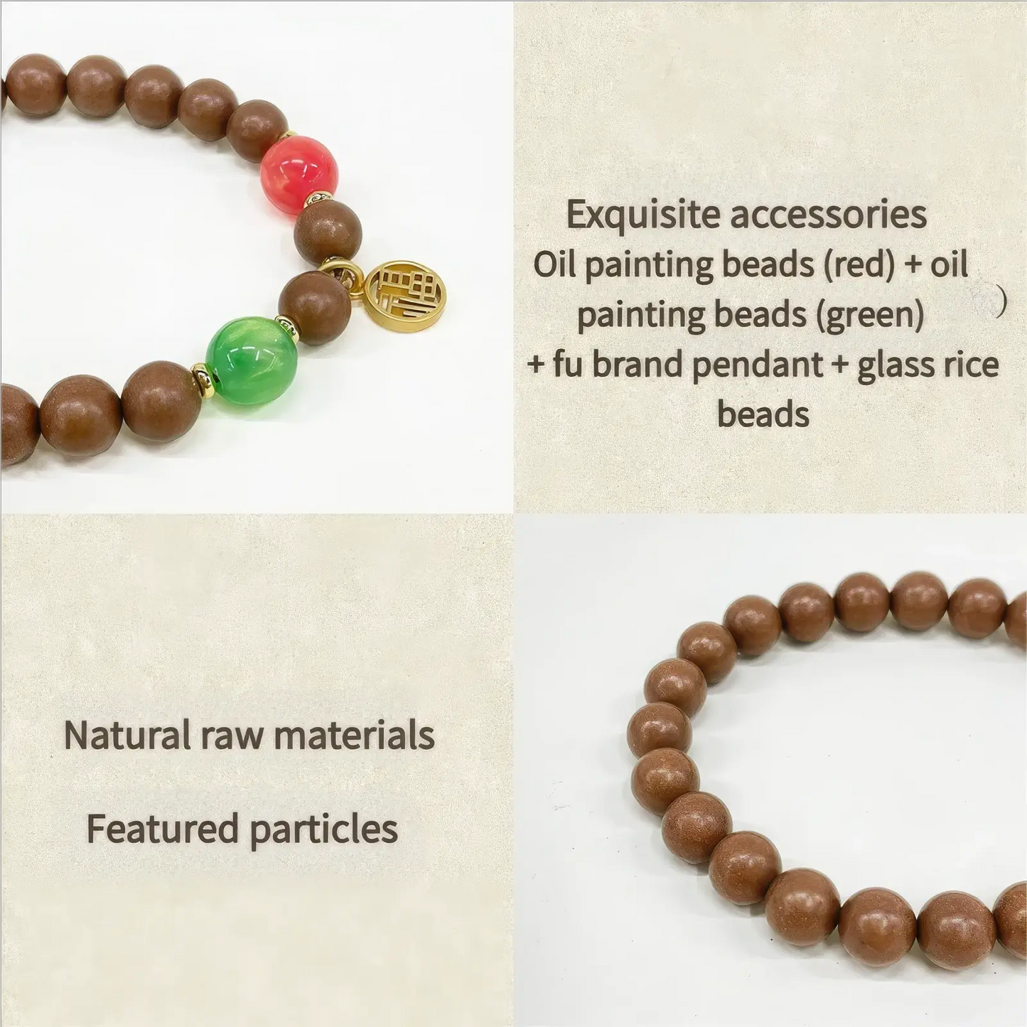 Details of the sleep - aiding natural Chinese medicine incense bead bracelet, highlighting "Exquisite accessories", "Natural raw materials", and "Featured particles".
