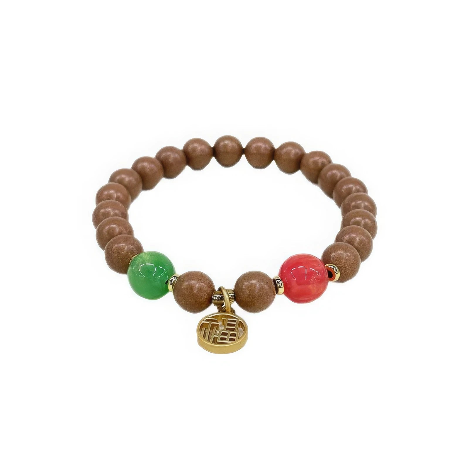 Full - view of the sleep - aiding natural Chinese medicine incense bead bracelet, featuring brown beads, green and red accent beads, and a gold - toned pendant.