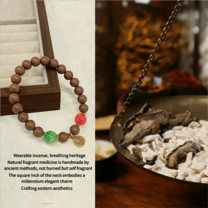 Sleep - aiding natural Chinese medicine incense bead bracelet presented with a traditional - style background, emphasizing its natural and herbal elements.
