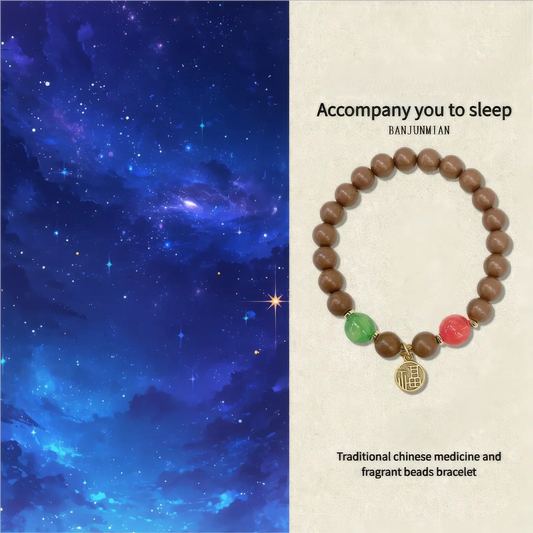 Sleep - aiding natural Chinese medicine incense bead bracelet shown against a starry - sky background with text "Accompany you to sleep".