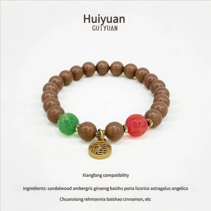 Sleep - aiding natural Chinese medicine incense bead bracelet displayed with text titled "Huiyuan" and information about its compatibility.