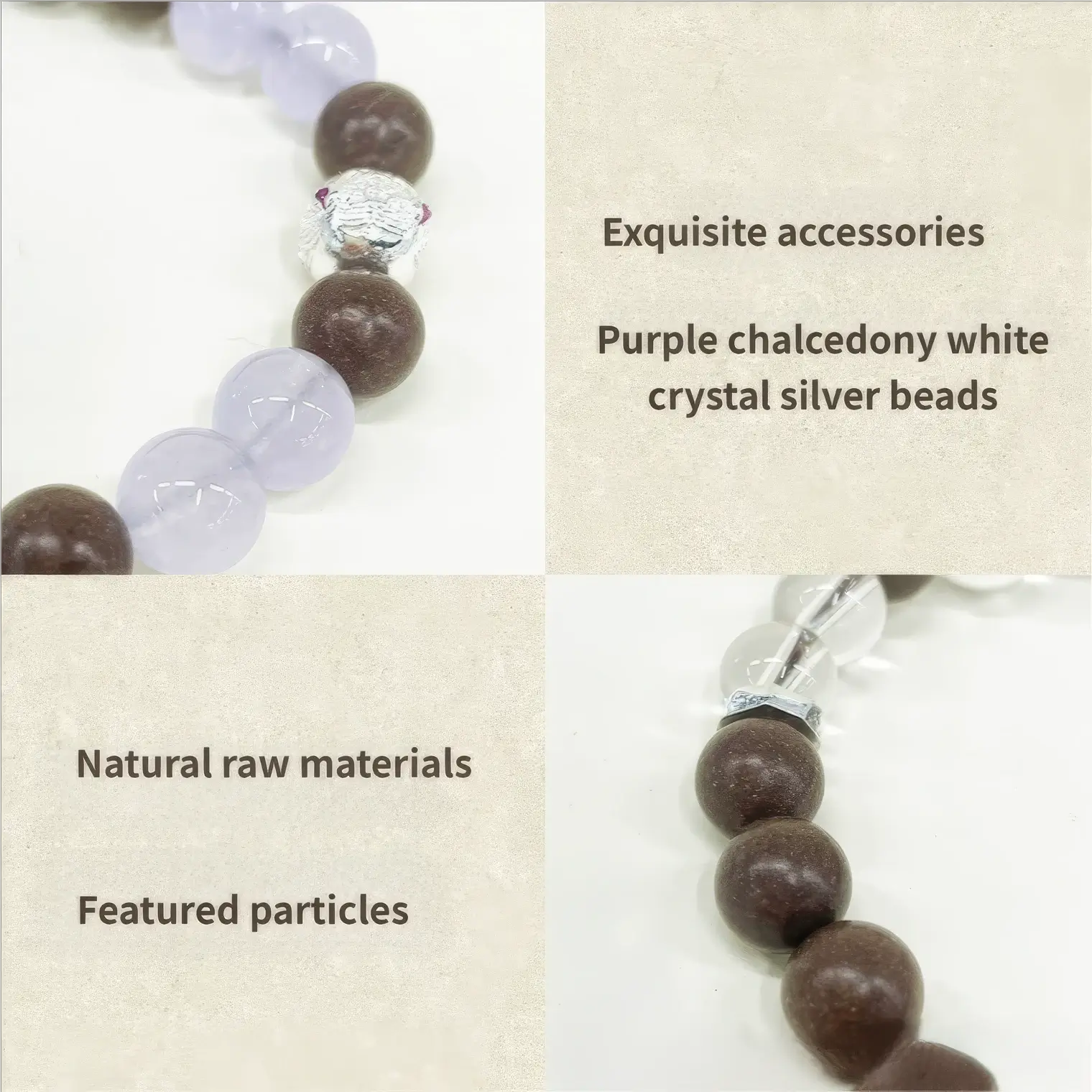 Close - up view highlighting the bracelet's "Exquisite accessories" like purple chalcedony, white crystal, and silver beads, "Natural raw materials", and "Featured particles".