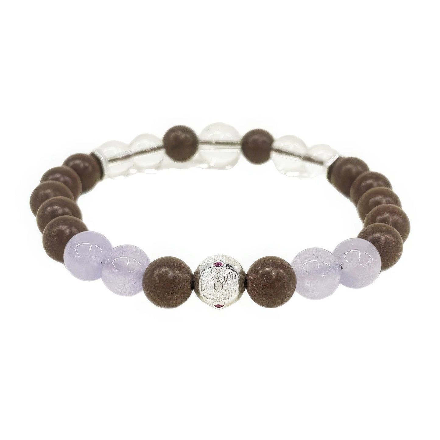 Full - view of the soul spirit incense bead bracelet, featuring brown beads, purple chalcedony beads, white crystal beads, and a silver accent bead.