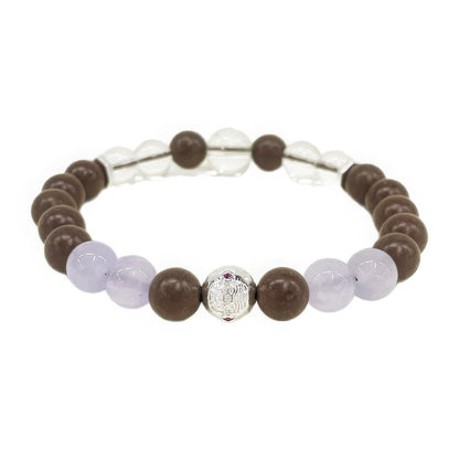Full - view of the soul spirit incense bead bracelet, featuring brown beads, purple chalcedony beads, white crystal beads, and a silver accent bead.