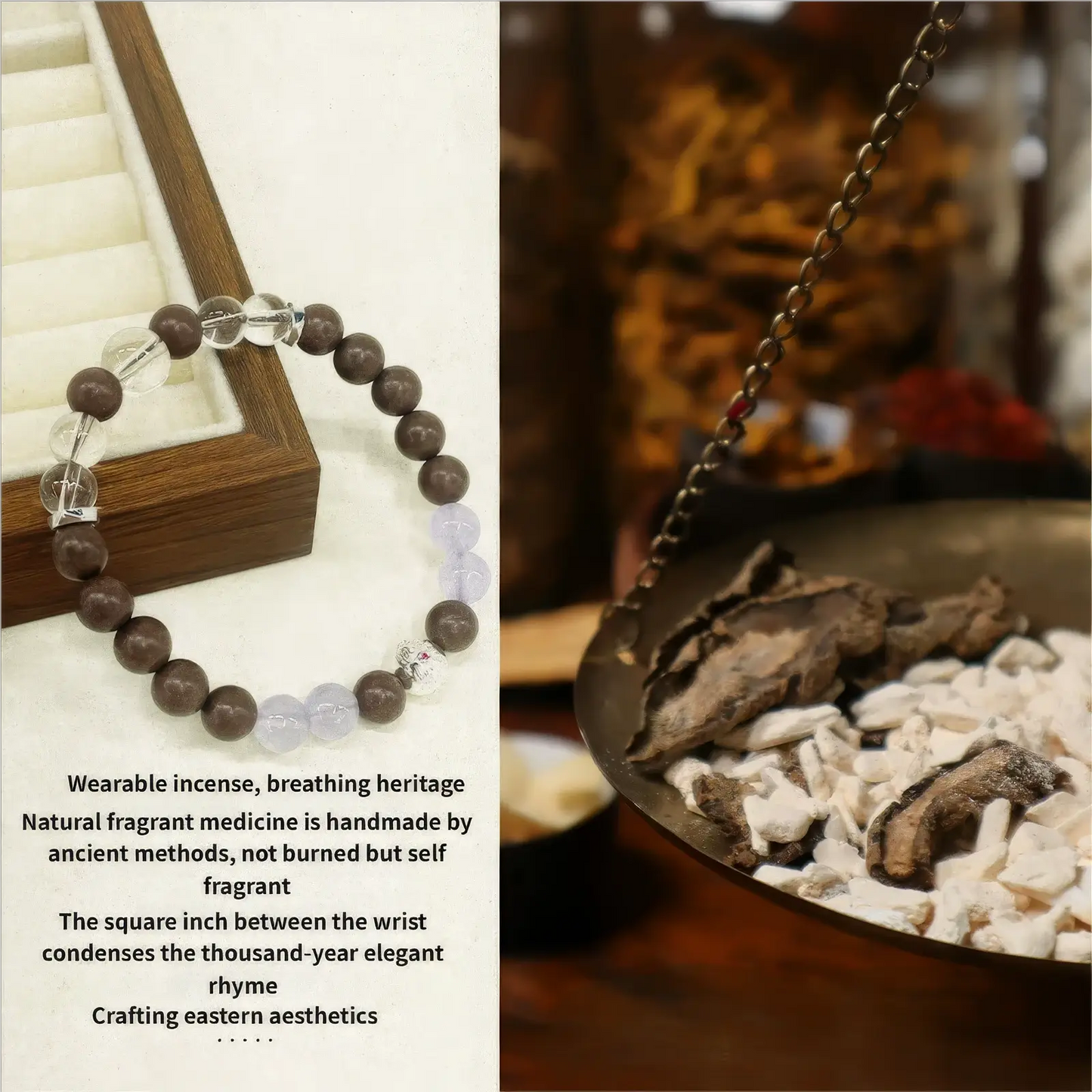 Soul spirit incense bead bracelet presented with a traditional - style background, emphasizing its natural fragrant medicine origin and cultural heritage.