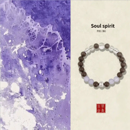 Soul spirit incense bead bracelet displayed against a purple - toned abstract background, labeled "Soul spirit" with Chinese calligraphy seal.