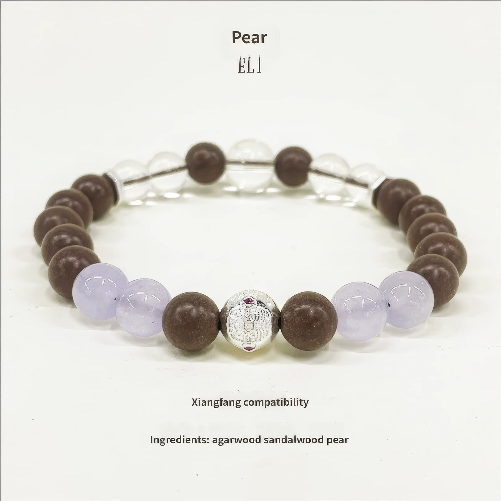Soul spirit incense bead bracelet shown with text about xiangfang compatibility and ingredient list, including agarwood, sandalwood, and pear.