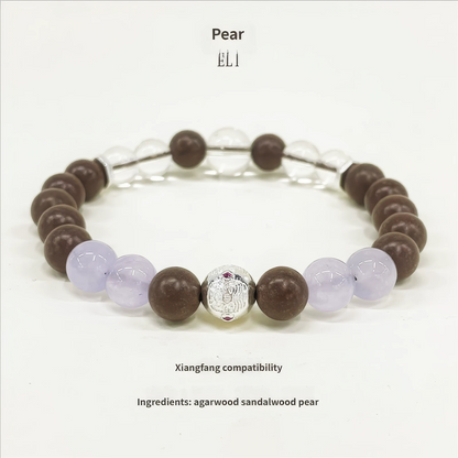 Soul spirit incense bead bracelet shown with text about xiangfang compatibility and ingredient list, including agarwood, sandalwood, and pear.