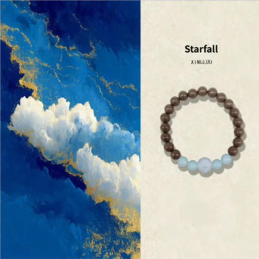 Starfall incense bead bracelet displayed against a blue - toned, cloud - and - sky - themed background, labeled "Starfall".