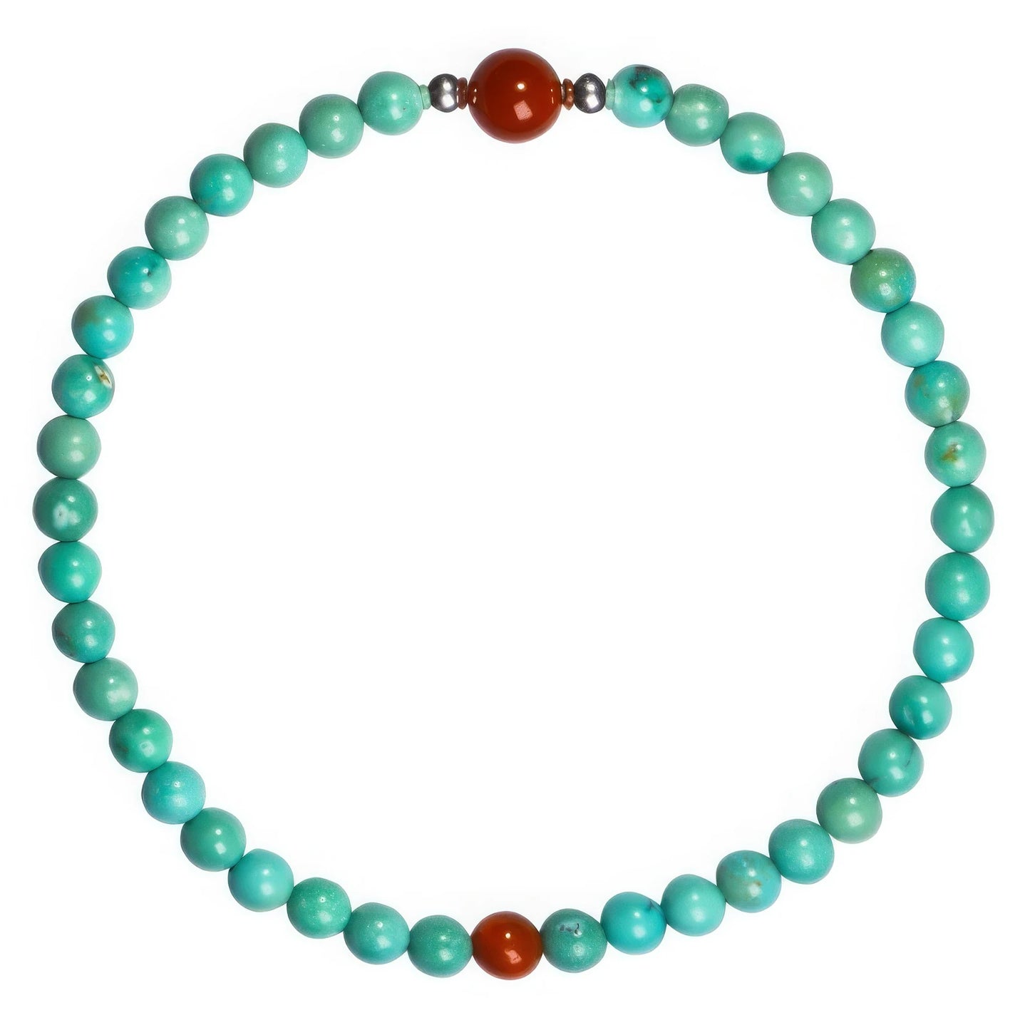 Turquoise bracelet with red beads isolated on white background.
