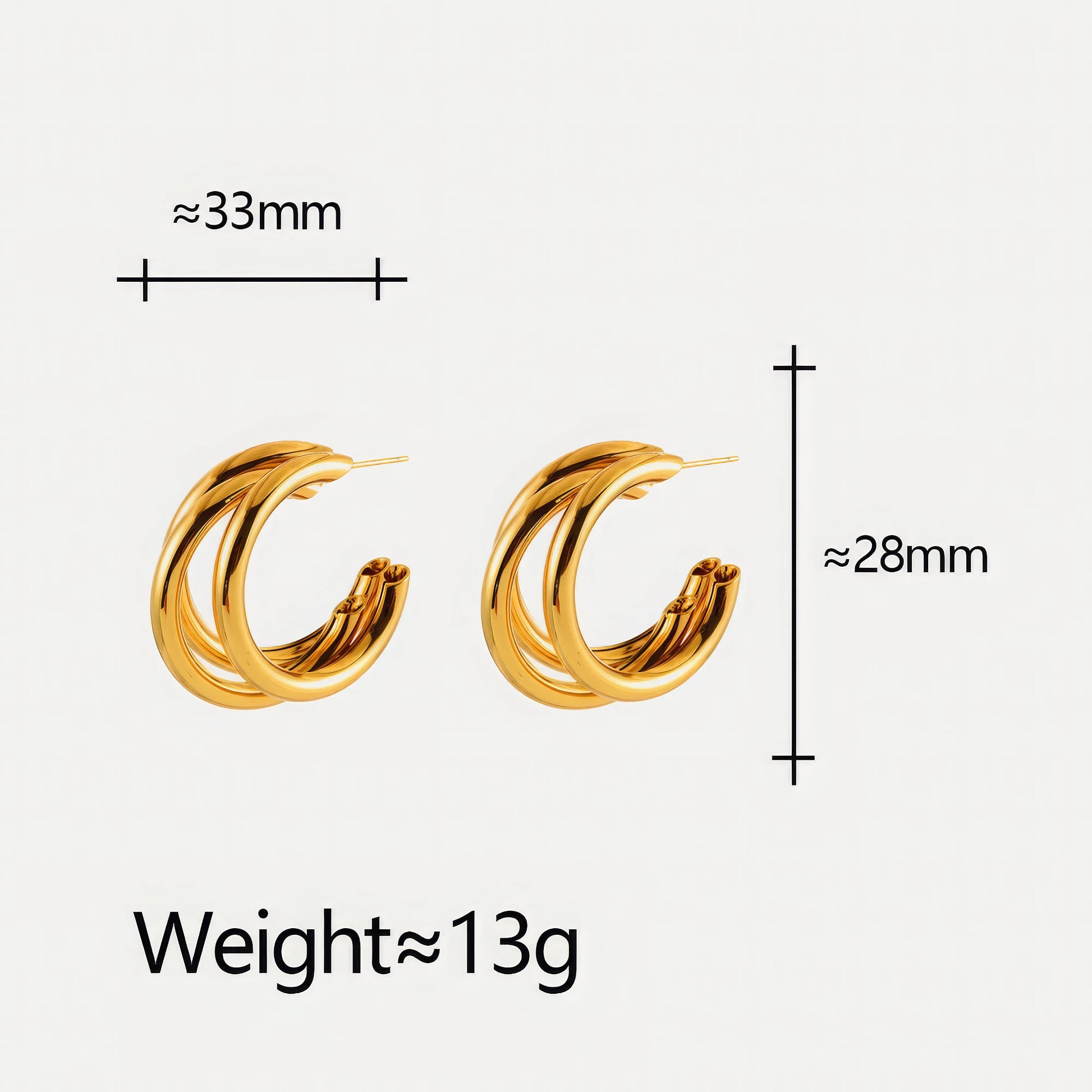 Gold unique - shaped hoop earrings with size (≈33mm × ≈28mm) and weight (≈13g) info, emphasizing the substantial, multi - layered design
