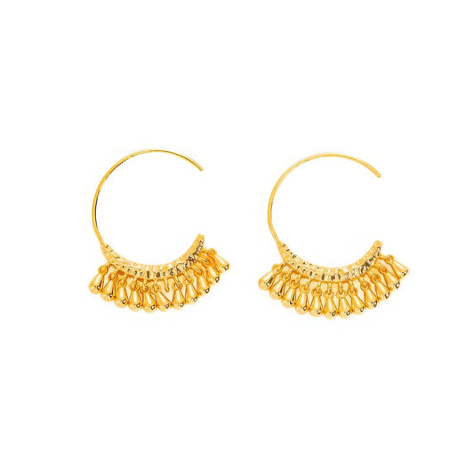 Pair of gold water drop tassel earrings, isolated on white background, emphasizing the detailed, dangling water drop design