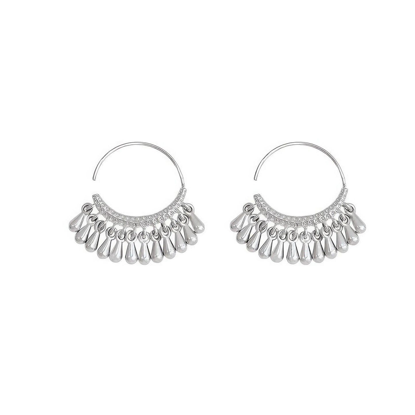 Pair of silver water drop tassel earrings, isolated on white background, showcasing the delicate, dangling water drop design