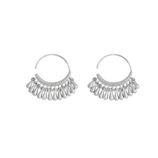 Pair of silver water drop tassel earrings, isolated on white background, showcasing the delicate, dangling water drop design