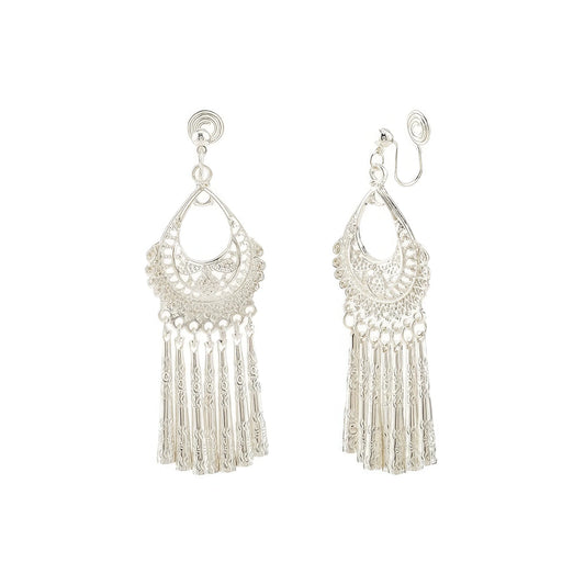Pair of water drop tassel Miao - Jiang style ear clips, isolated on white background, highlighting the detailed silver - woven structure and dangling tassels.