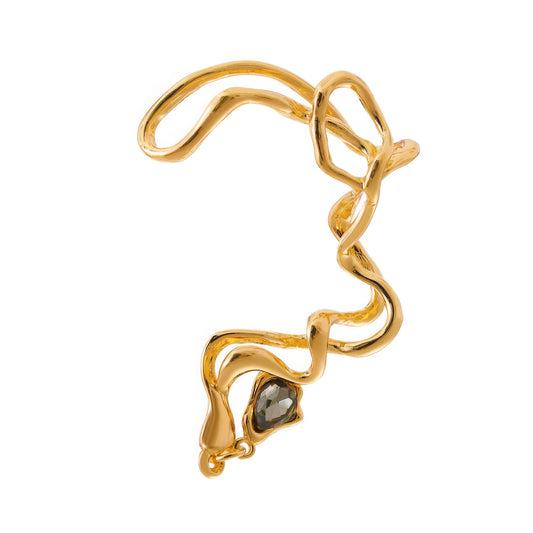 Gold - colored water drop wrapped ear clip, isolated on white background, showing the intricate wrap - around design and the embedded stone.