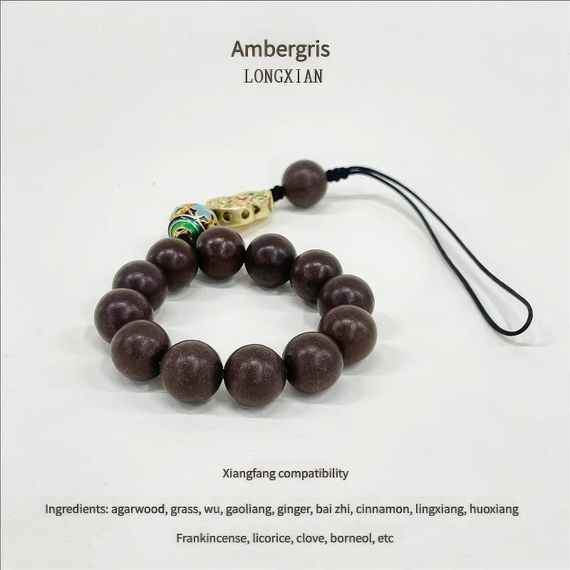  Full - view of the wealth - attracting Chinese medicine incense bead bracelet on a white background, labeled "Ambergris" with text about "Xiangfang compatibility" and ingredient list.