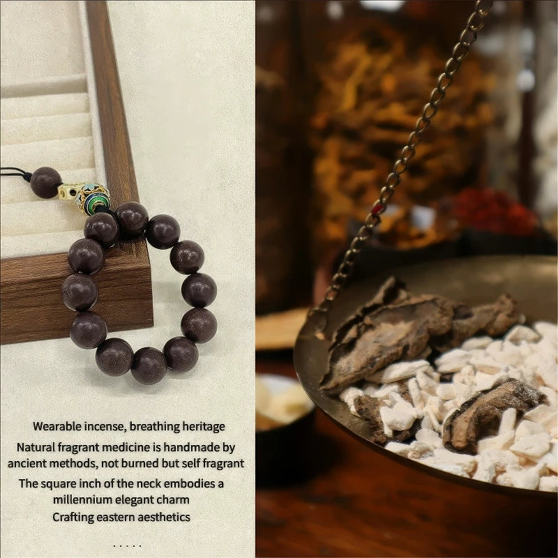Wealth - attracting Chinese medicine incense bead bracelet presented with a traditional - style background, emphasizing its natural and traditional Chinese medicine - related aspects.