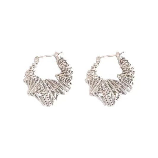  Pair of silver wrapped metal circle earrings, isolated on white background, highlighting the detailed, twisted metal structure