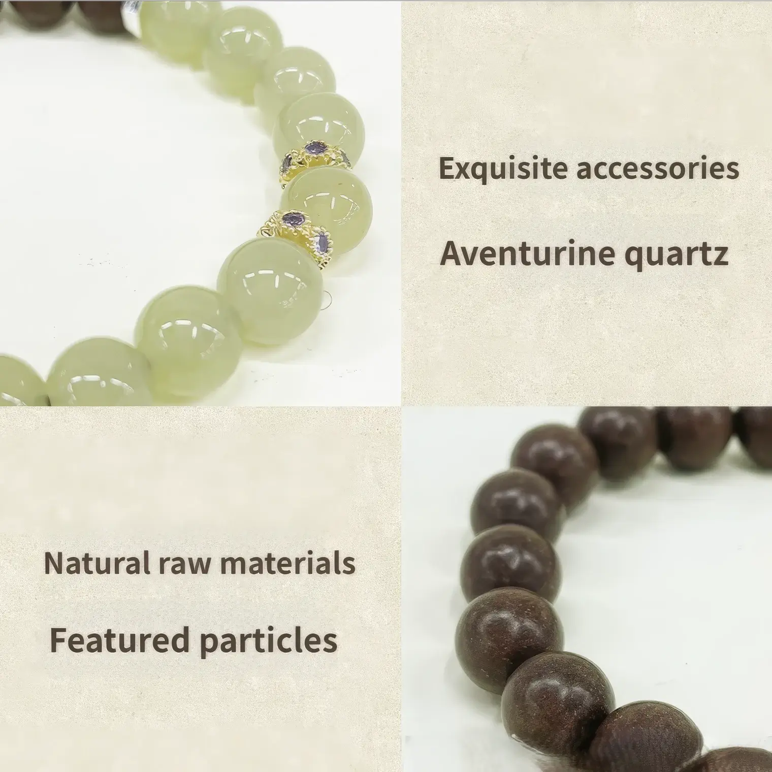 Close - up view of the Xiangning natural Chinese medicine bracelet, highlighting "Exquisite accessories", "Natural raw materials", and "Featured particles".