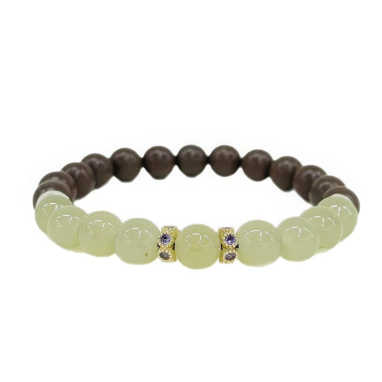  Full - view of the Xiangning natural Chinese medicine bracelet, featuring greenish beads, decorative jeweled spacers, and brown beads.