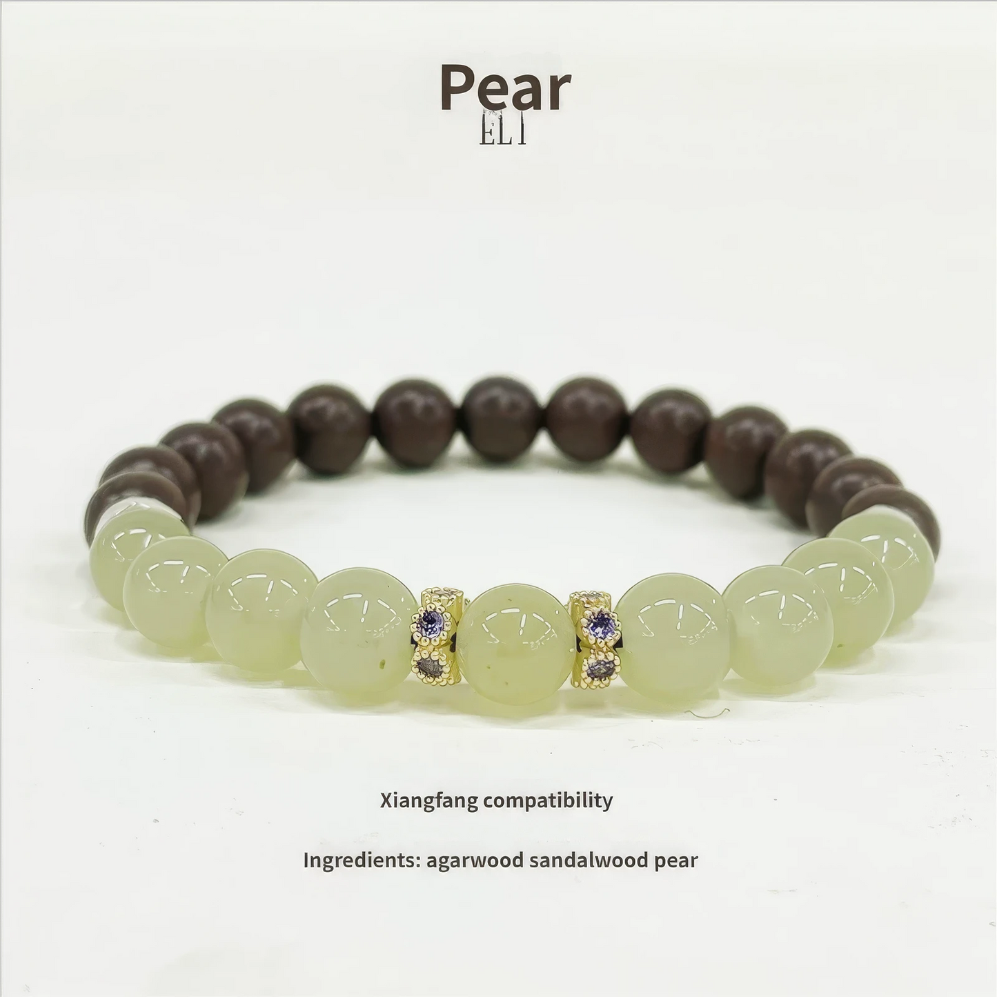 Another full - view of the Xiangning natural Chinese medicine bracelet on a white background, labeled "Pear", with text about "Xiangfang compatibility" and ingredient list.