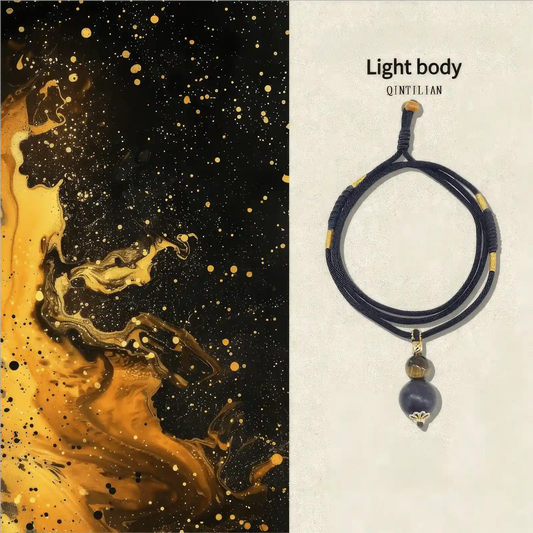 Xiji Pill natural slimming incense bead bracelet shown against a dark, abstract - textured background labeled "Light body".