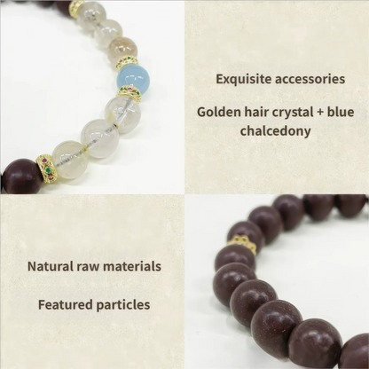 Close - up view highlighting the bracelet's "Exquisite accessories" like golden hair crystal and blue chalcedony, "Natural raw materials", and "Featured particles".
