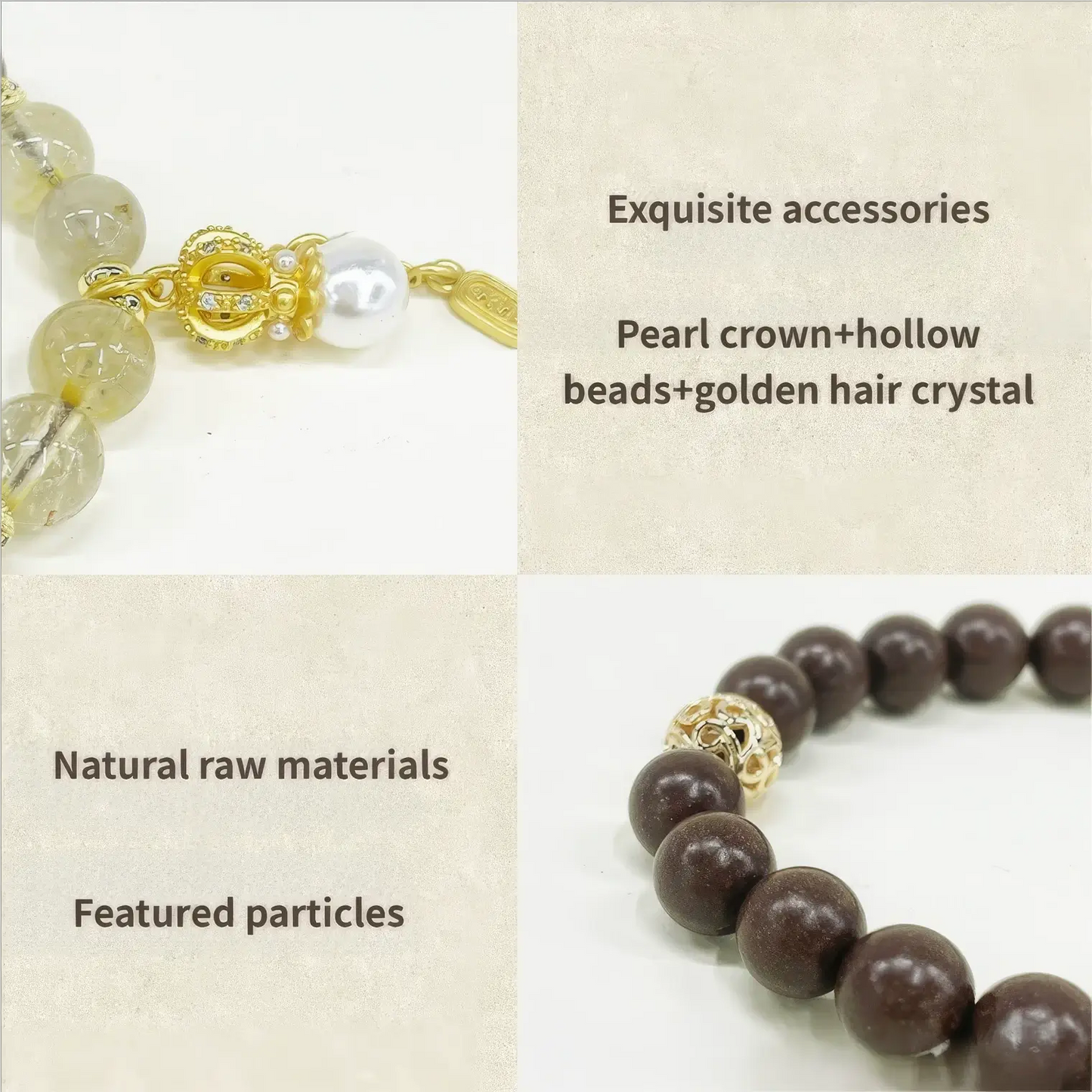 Close - up view of the Yao Xiang natural Chinese medicine incense bead bracelet highlighting "Exquisite accessories" like the pearl crown, hollow beads, and golden hair crystal, along with "Natural raw materials" and "Featured particles".