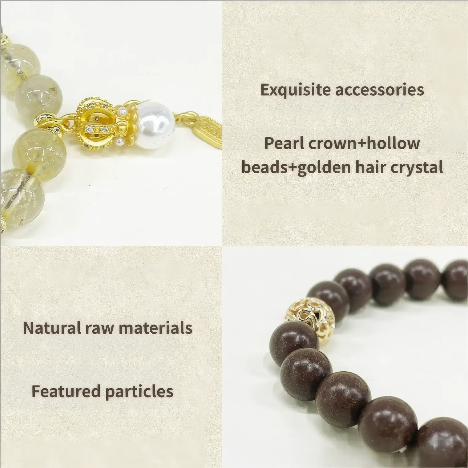 Close - up view of the Yao Xiang natural Chinese medicine incense bead bracelet highlighting "Exquisite accessories" like the pearl crown, hollow beads, and golden hair crystal, along with "Natural raw materials" and "Featured particles".