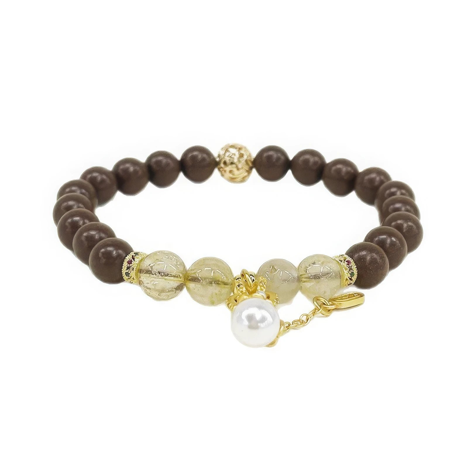 Full - view of the Yao Xiang natural Chinese medicine incense bead bracelet, featuring dark brown beads, golden - hair crystal beads, a pearl, and ornate golden accessories.
