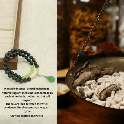  Zen Mind Is Seamless bracelet presented with a traditional - style background, emphasizing its wearable incense concept, natural fragrant medicine origin, and eastern aesthetics.