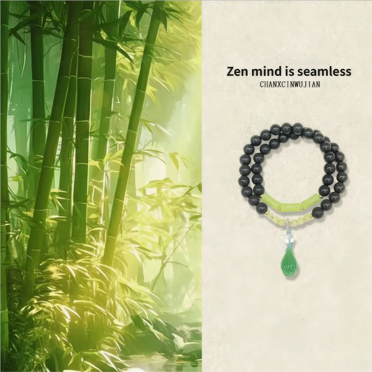  Zen Mind Is Seamless bracelet displayed against a lush bamboo background, emphasizing its tranquil and natural theme.
