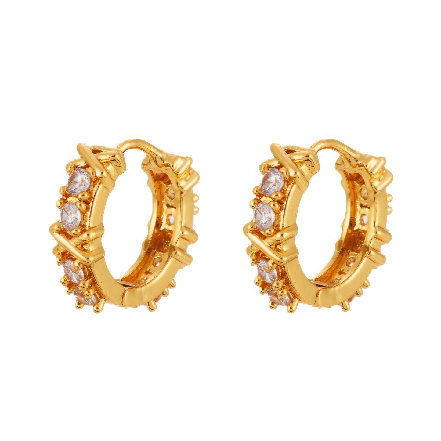  Pair of gold zircon - inlaid cross hoop earrings, isolated on white background, emphasizing the detailed cross and zircon structure