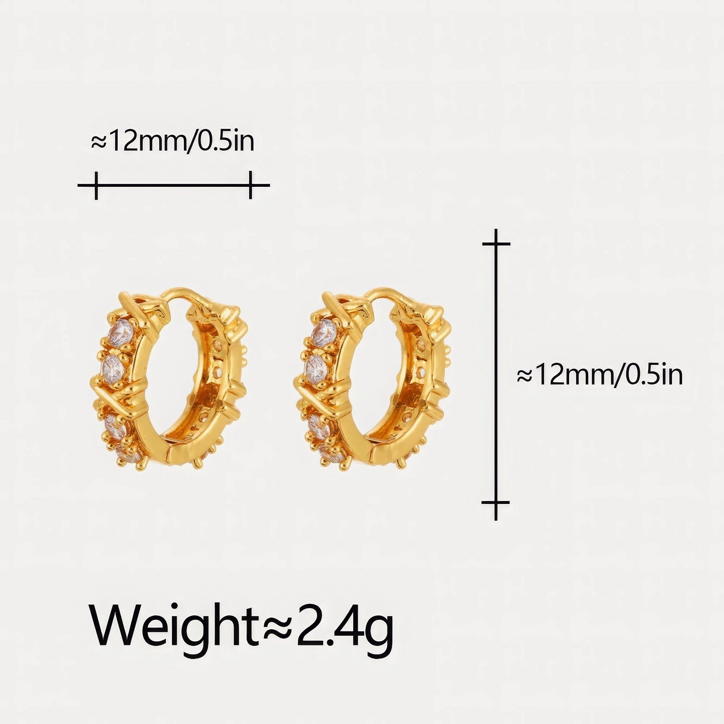 Gold zircon - inlaid cross hoop earrings with size (≈12mm) and weight (≈2.4g) info, emphasizing the petite yet detailed design
