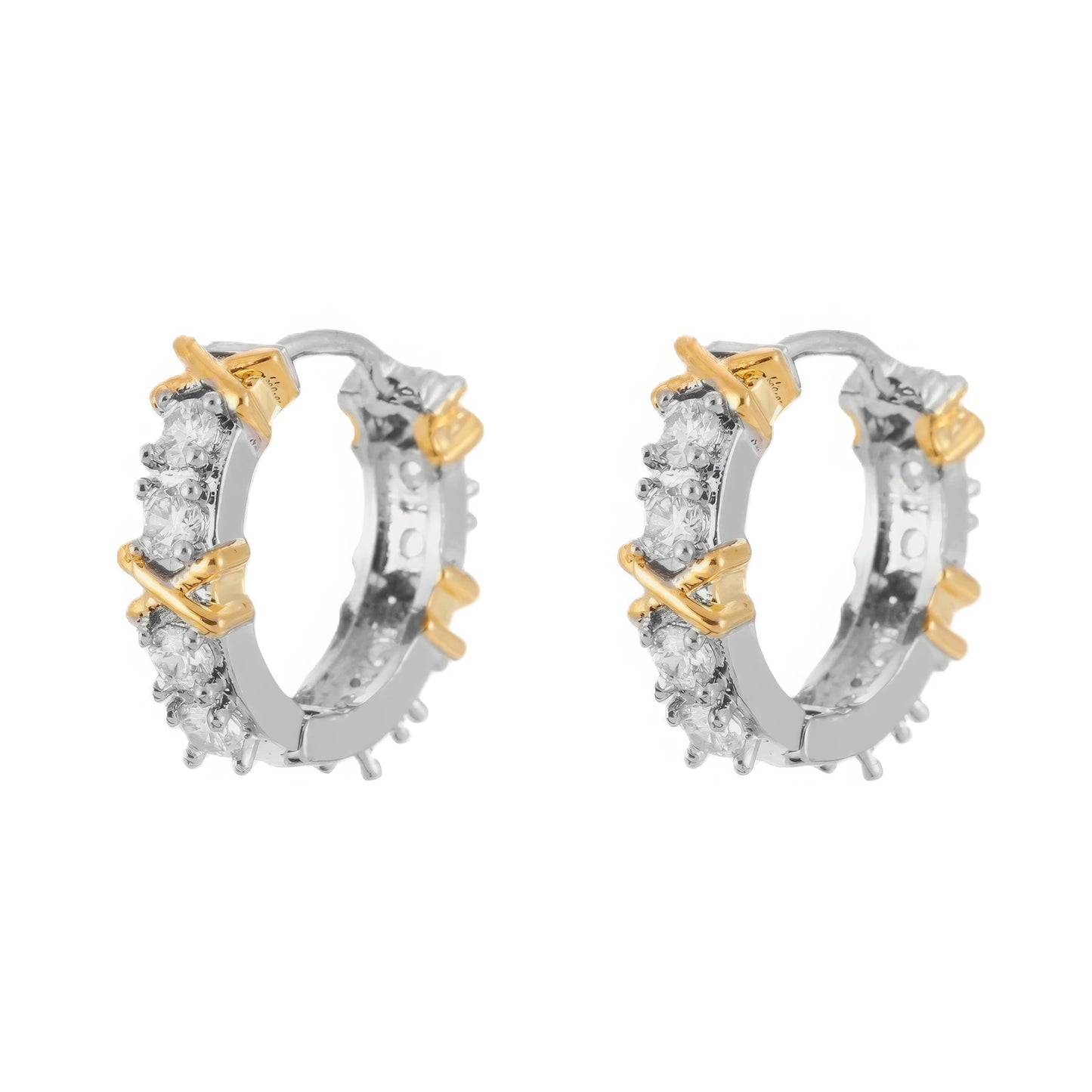  Pair of silver zircon - inlaid cross hoop earrings, isolated on white background, highlighting the intricate cross and zircon design