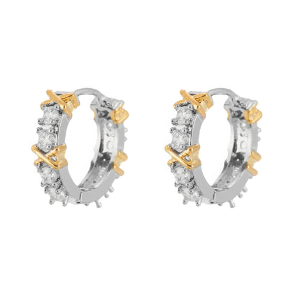  Pair of silver zircon - inlaid cross hoop earrings, isolated on white background, highlighting the intricate cross and zircon design