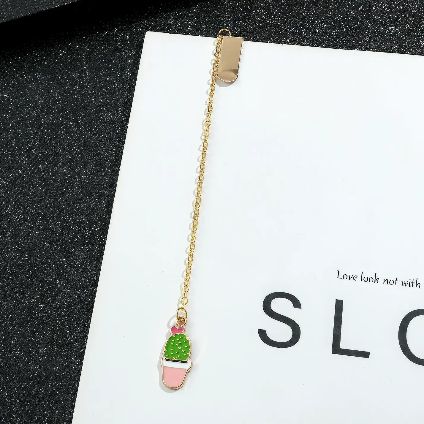 Animal and plant themed bookmark with cactus charm, golden chain, on "SLC" card