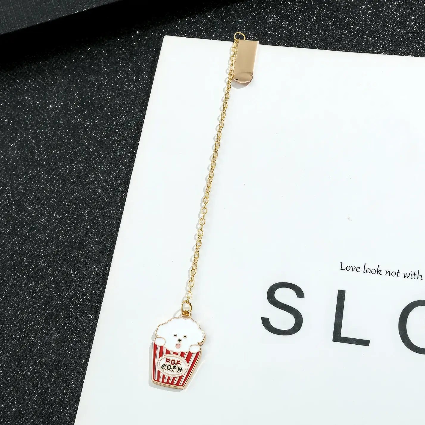 Animal and plant themed bookmark with cupcake charm, golden chain, on "SLC" card