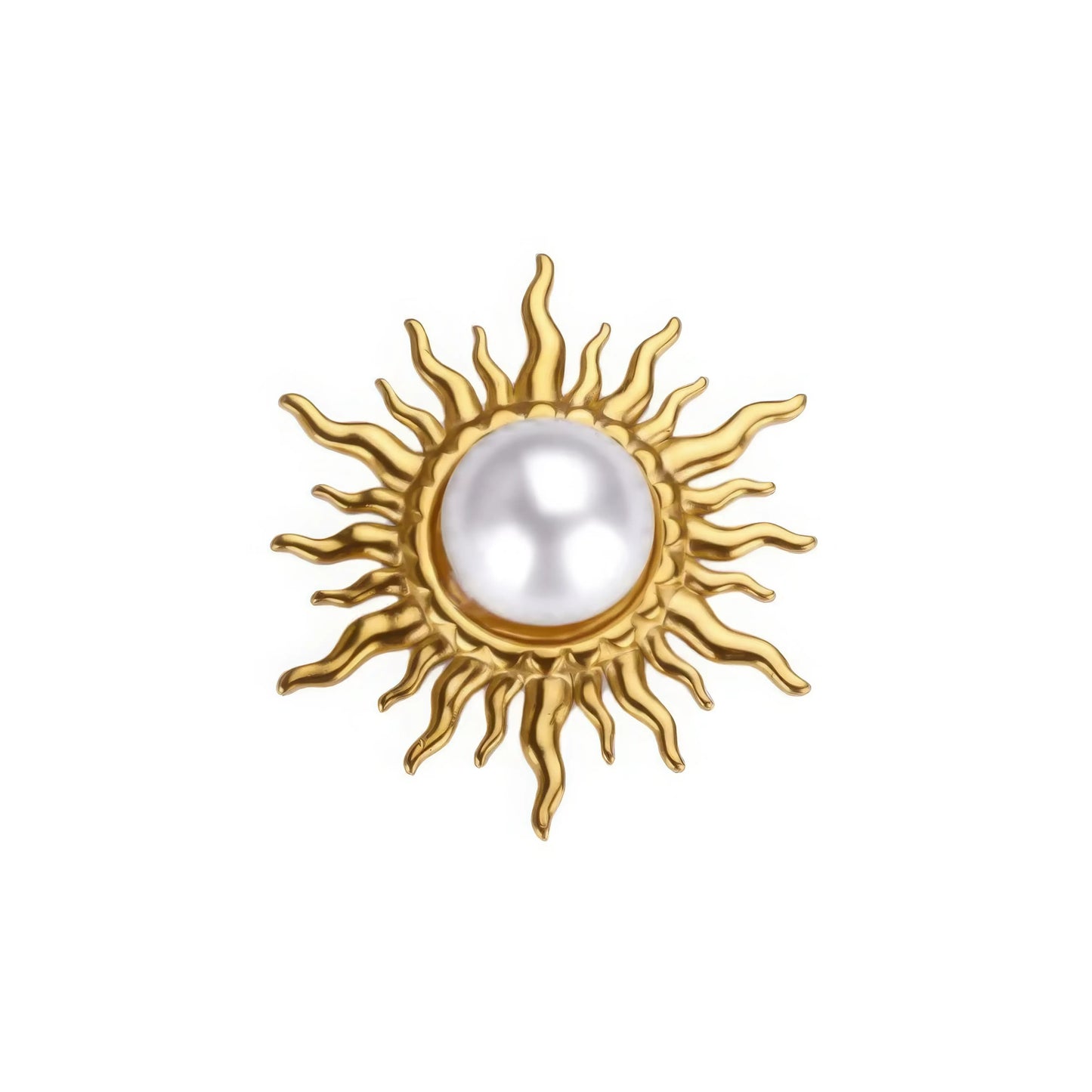 Baroque flame sun brooch with pearl, isolated on white background, clear details