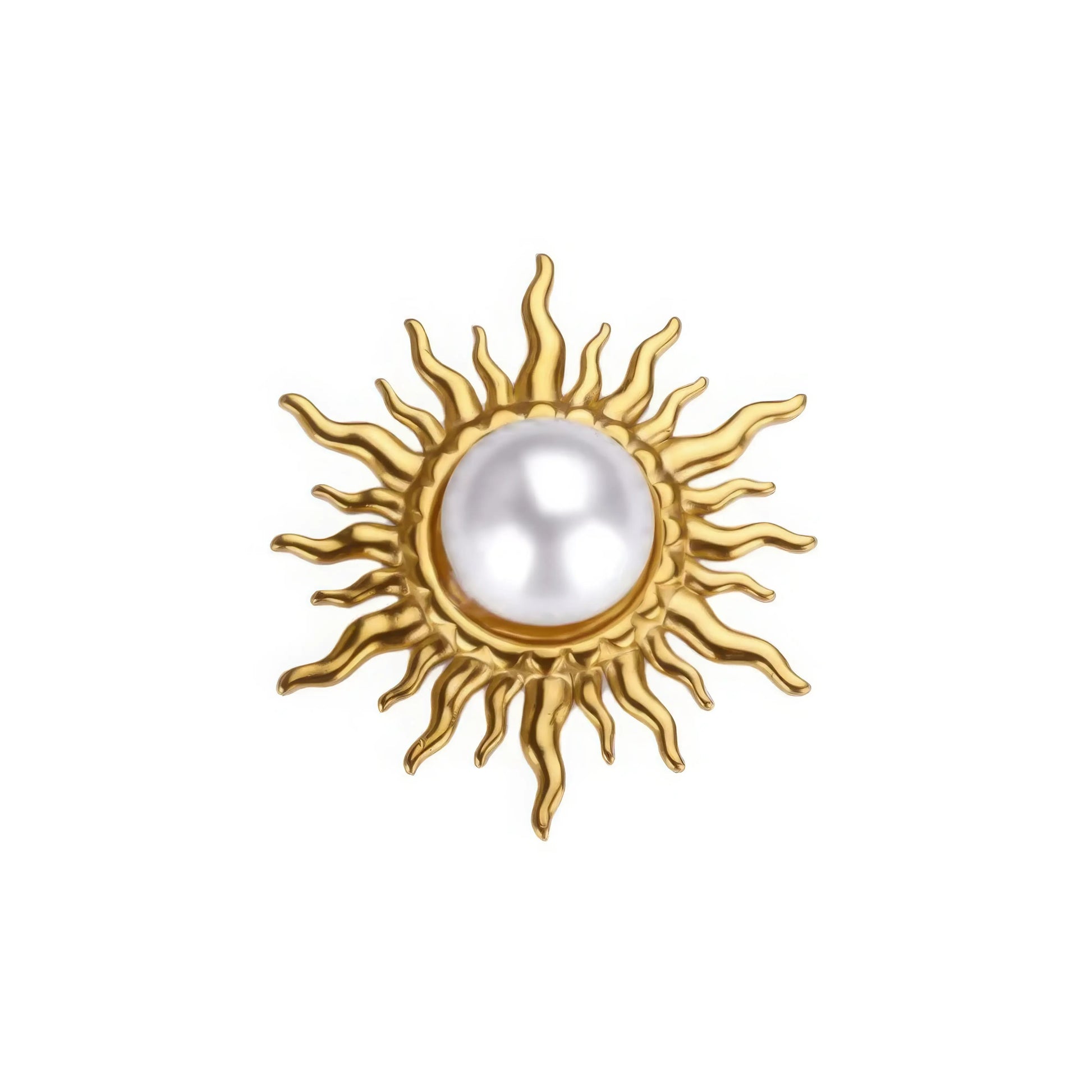 Baroque flame sun brooch with pearl, isolated on white background, clear details