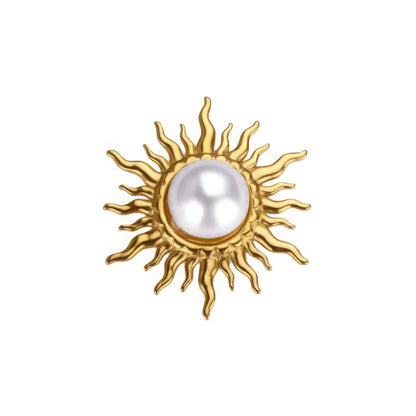 Baroque flame sun brooch with pearl, isolated on white background, clear details