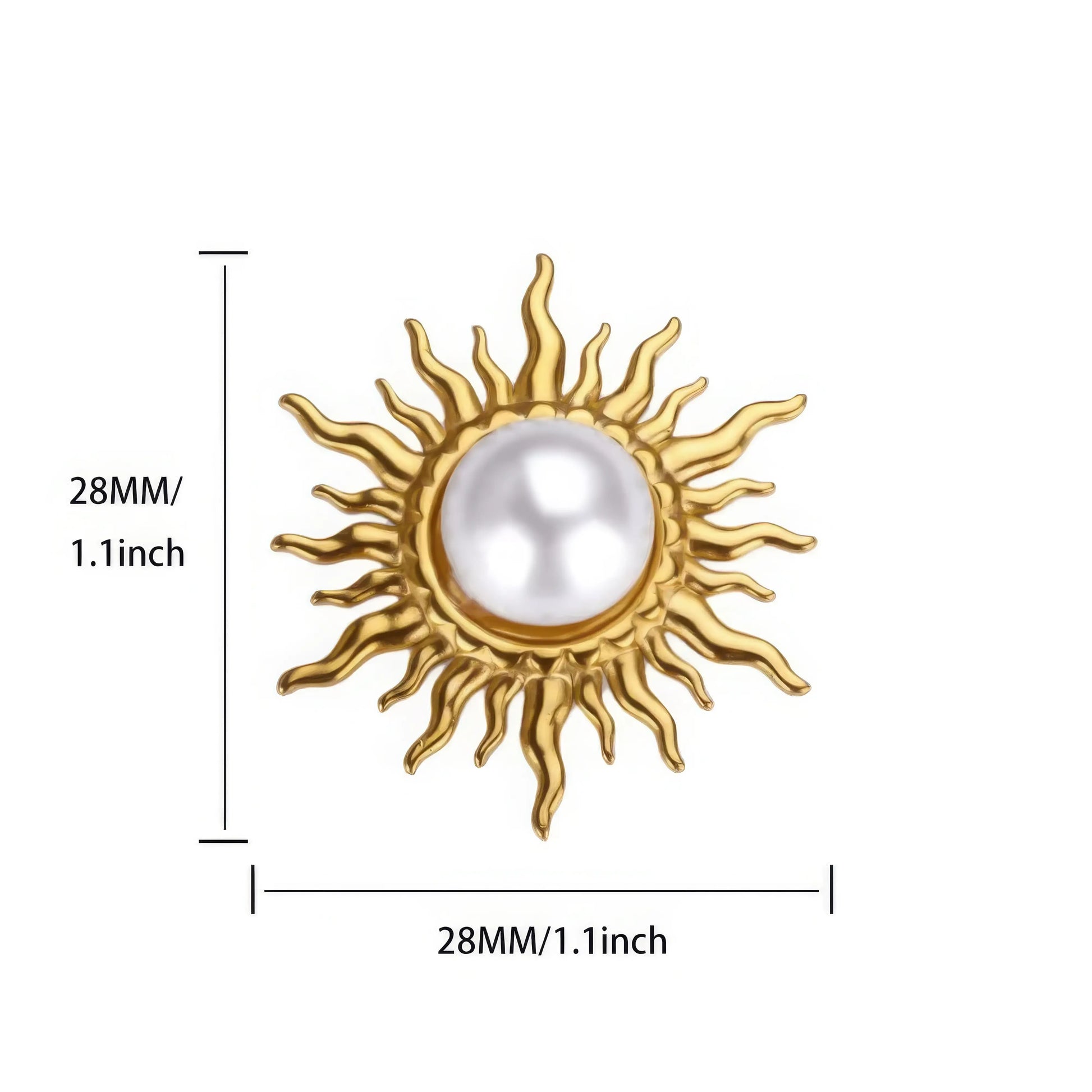 Baroque flame sun brooch with size specs (28mm x 28mm), isolated on white background