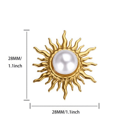 Baroque flame sun brooch with size specs (28mm x 28mm), isolated on white background