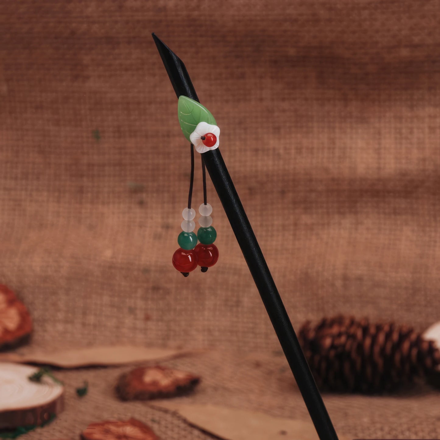 Green bead and cherry detail of Biyun hairpin