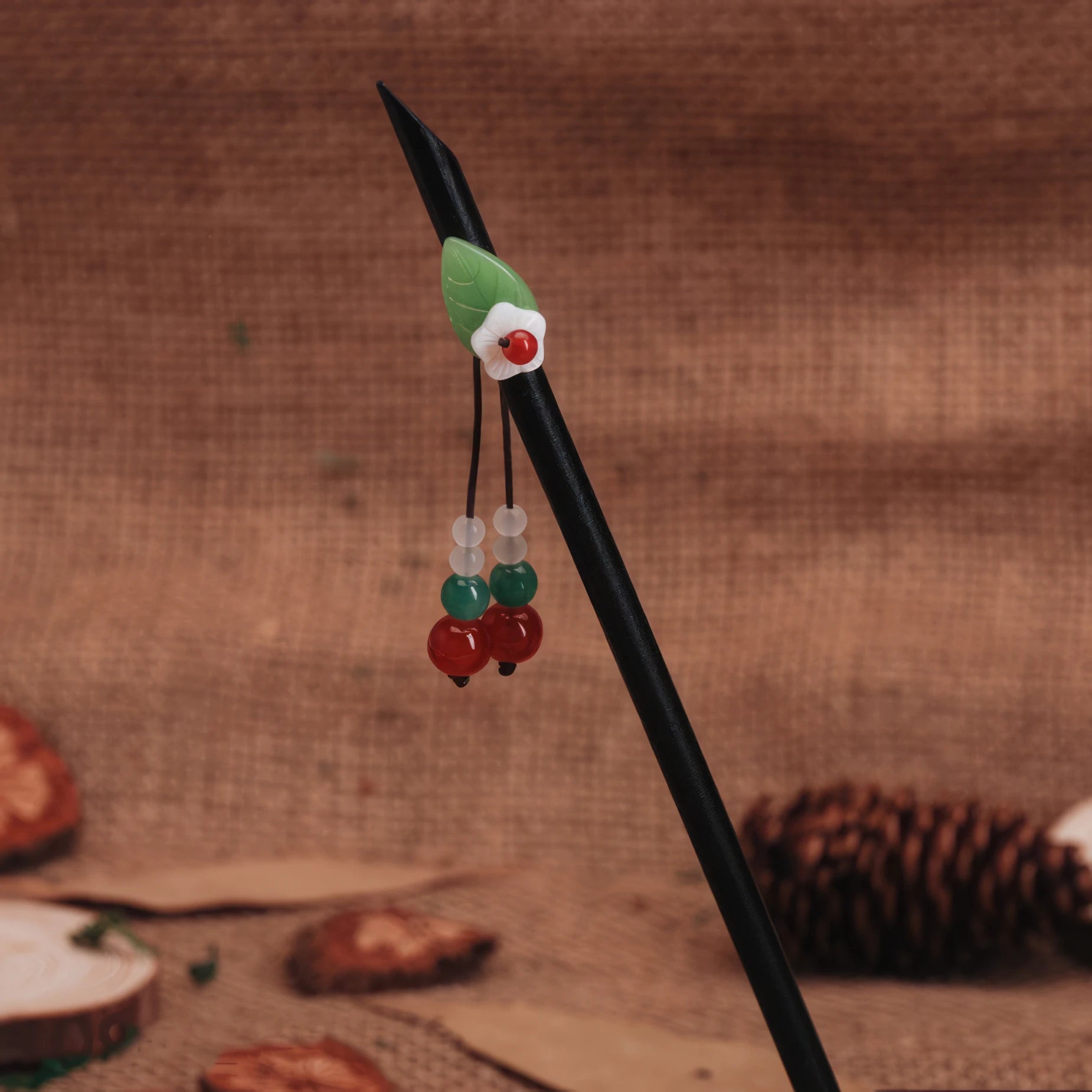 Green bead and cherry detail of Biyun hairpin